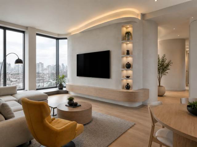 Curved Urban Media Wall — TV wall mount installation and custom media wall in Massachusetts