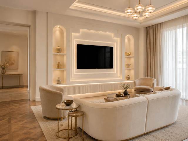 Art Deco Media Wall — TV wall mount installation and custom media wall in Massachusetts