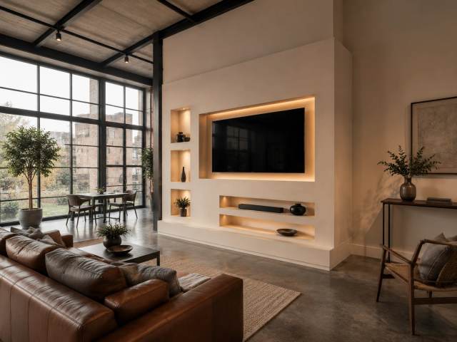 Loft Terracotta Media Wall — TV wall mount installation and custom media wall in Massachusetts