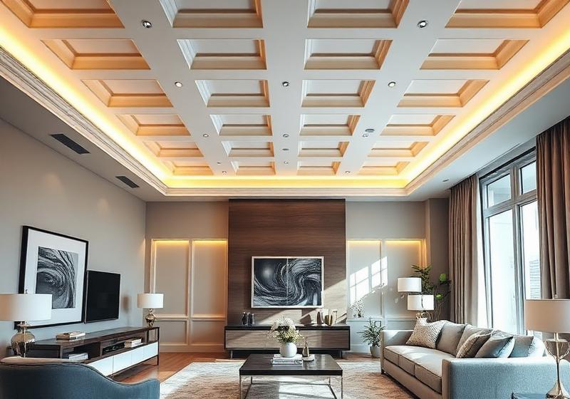 Coffered ceiling with warm LED cove lighting