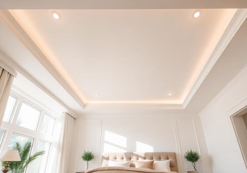 Tray ceiling with recessed lighting in a bedroom