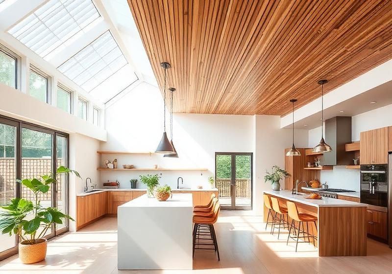 Wood slat accent ceiling in an open kitchen