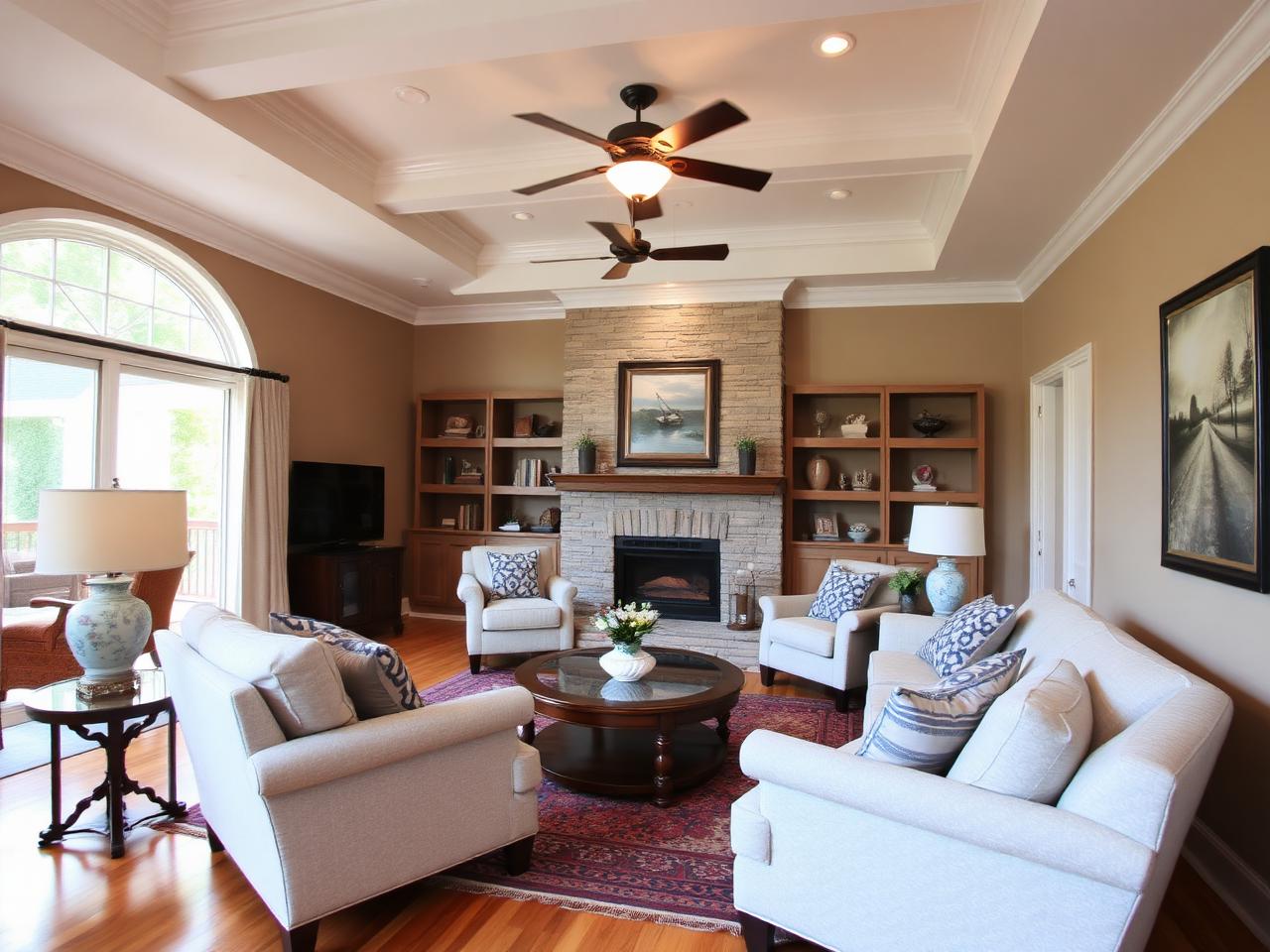 Tray ceiling in Massachusetts family room